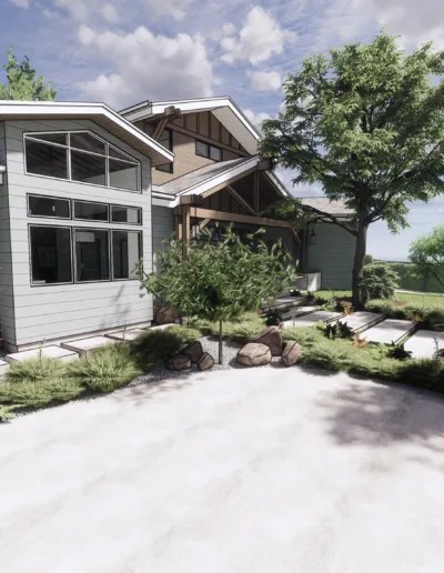 A 3d rendering of a home with trees and landscaping.