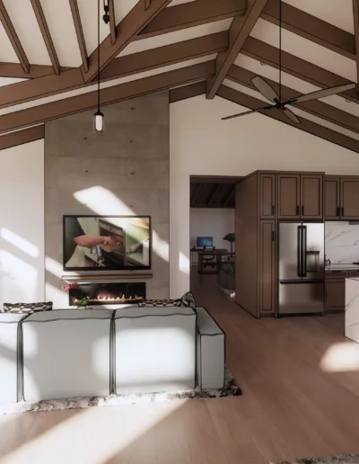 A kitchen and dining room with vaulted ceilings.