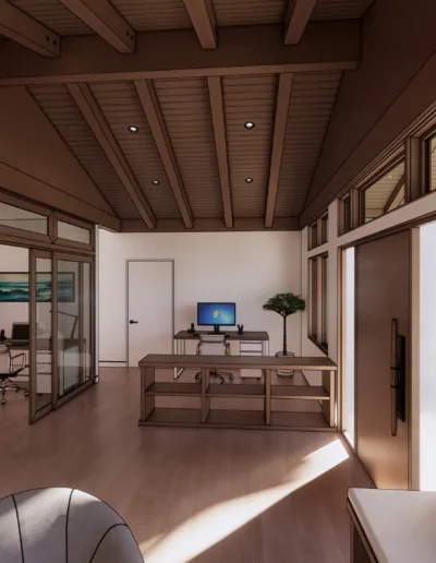 A rendering of a home office with a large window.