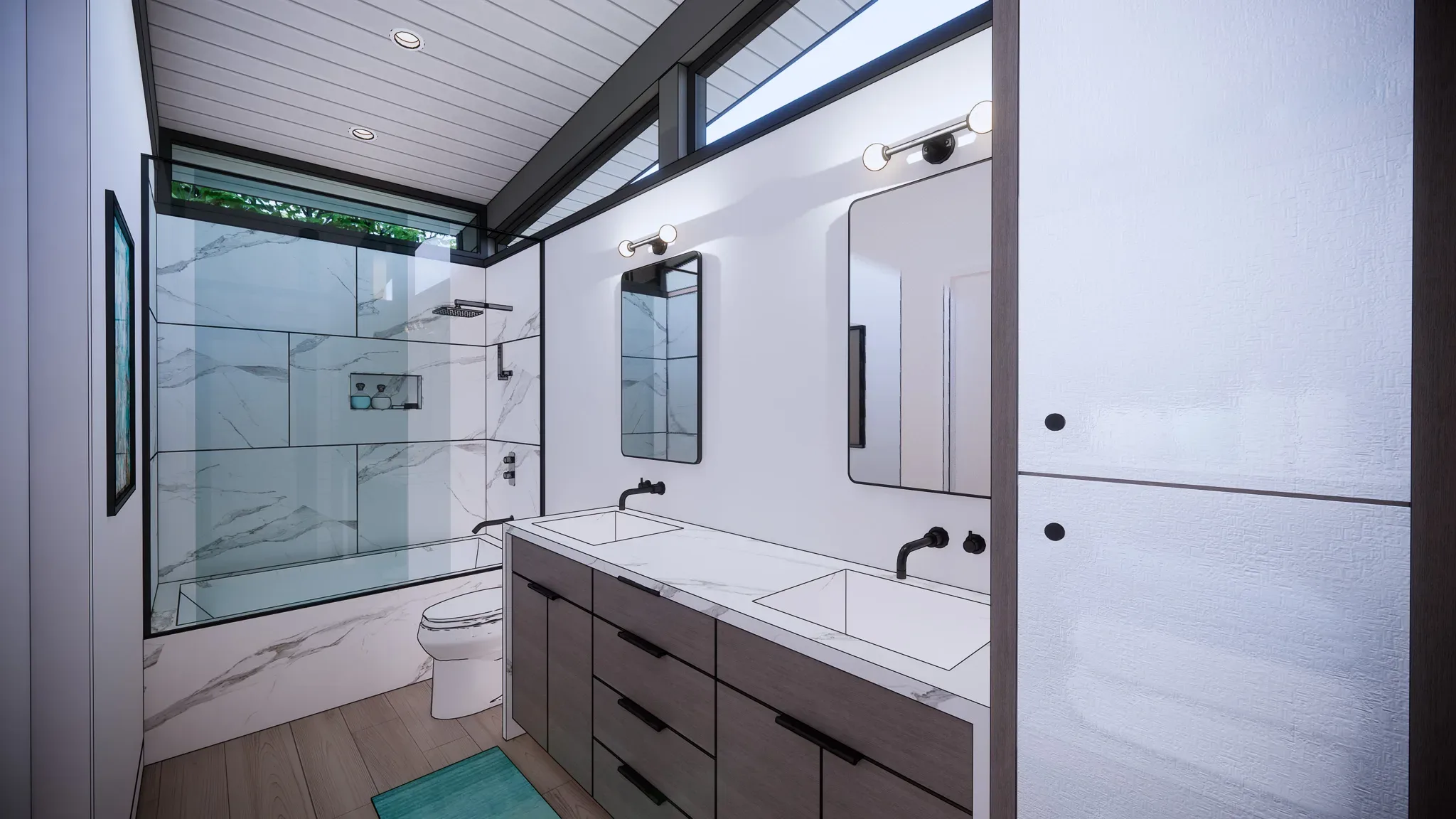 A bathroom with a glass shower and sink.