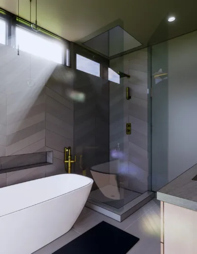 A modern bathroom with a bathtub and sink.