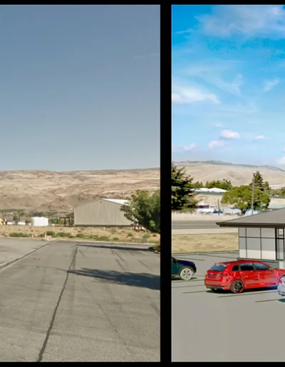 Two pictures of a building and a car in front of it.