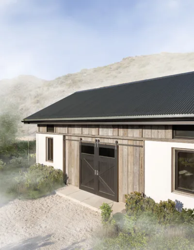 A rendering of a barn with a metal roof.
