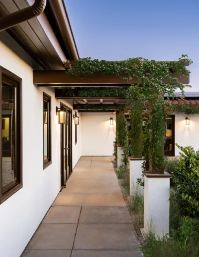 A walkway leading to a home with white siding and plants.